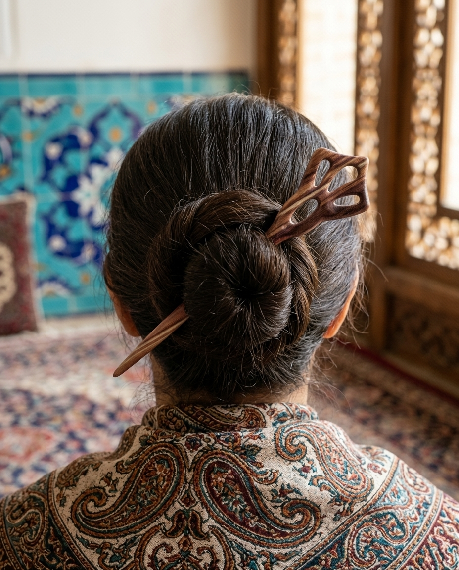 نحوه بستن موهای بلند با کانزاشی رزینی طرح چوب از پشت سر